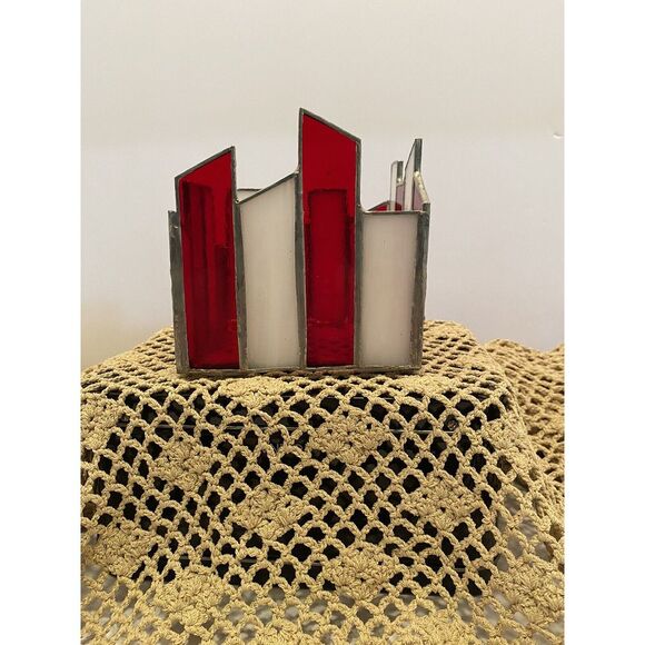 Other - Stained glass candle holder 5 x 5 square asymmetrical Height red and white  VNTG